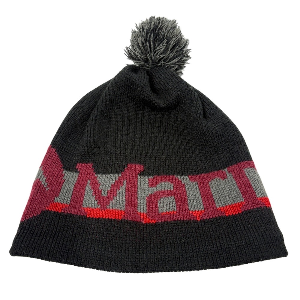 Marmot Mens Black Knit Beanie Hat Fleece Lined Pom Pom Logo Y15630 One Size